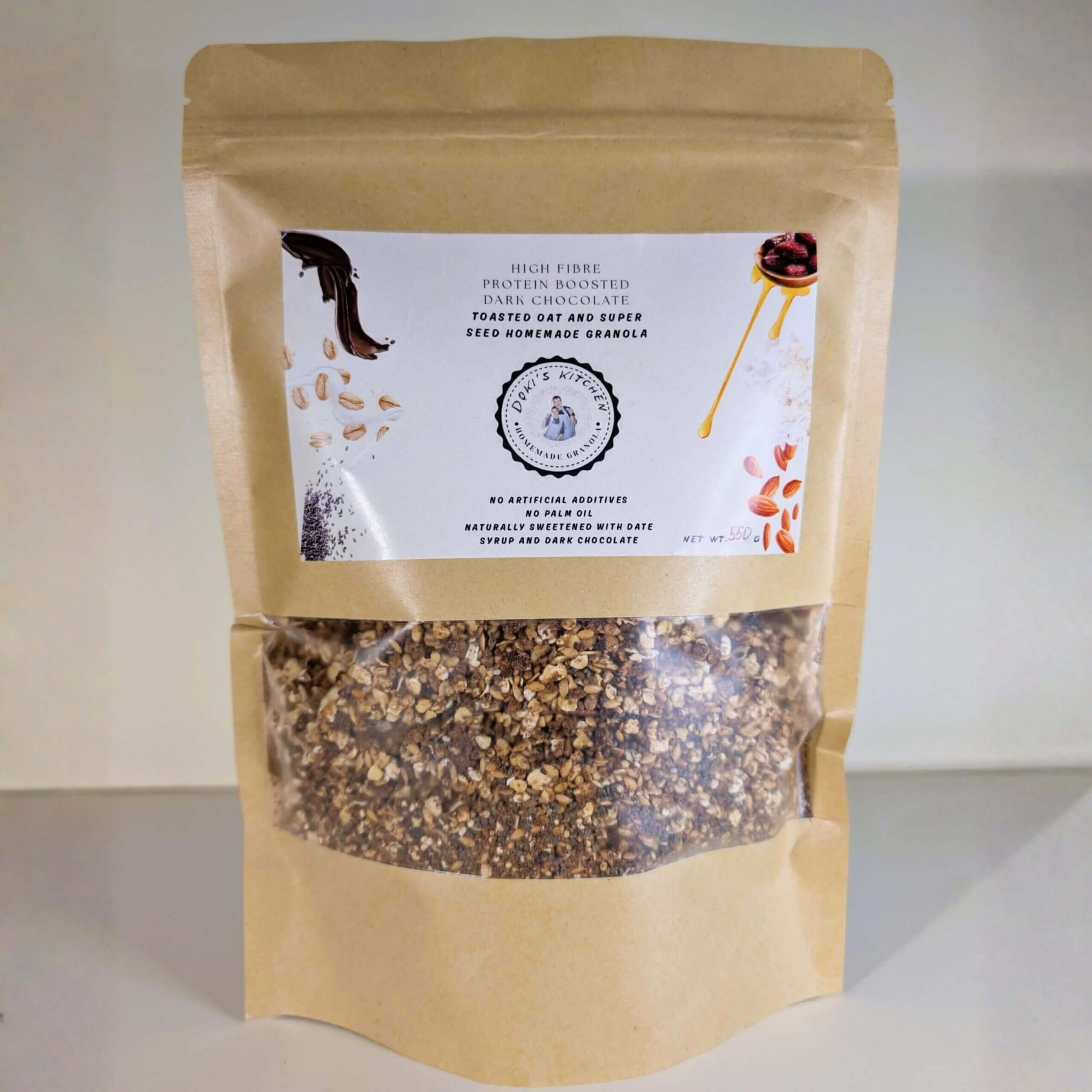 550g high fibre protein boosted dark chocolate granola in kraft pouch with clear window packaging