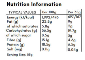 Nutritional information table for toasted oat and dark chocolate granola, showing values per 100 g and per serving.