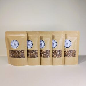High fibre protein granola 35g mini packs in kraft resealable pouches