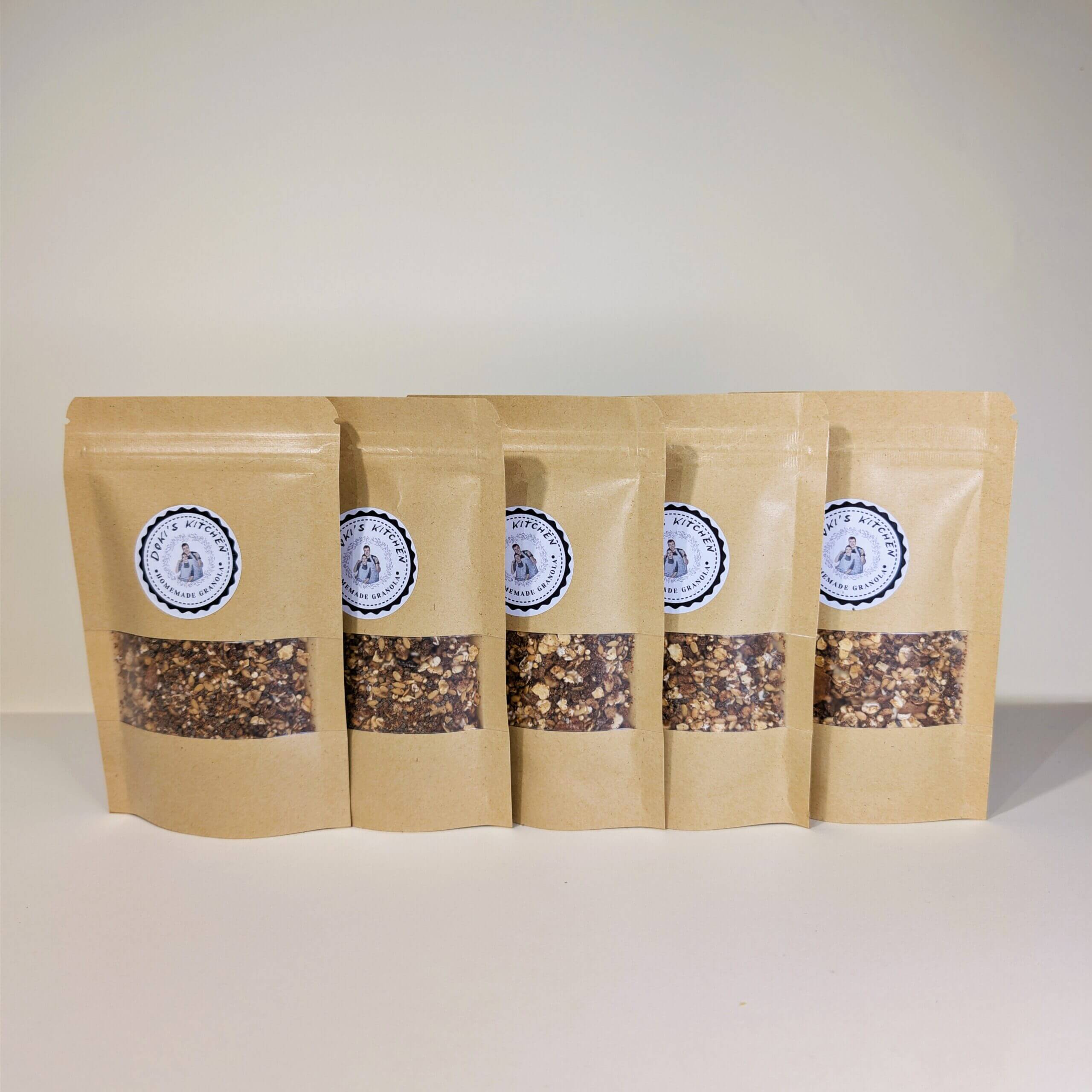 High fibre protein granola 35g mini packs in kraft resealable pouches