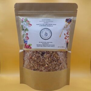 350g high fibre protein boosted berry granola in kraft pouch with clear window packaging
