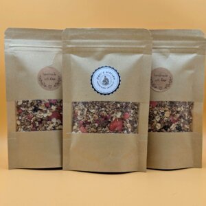 High fibre protein granola 35g mini packs in kraft resealable pouches