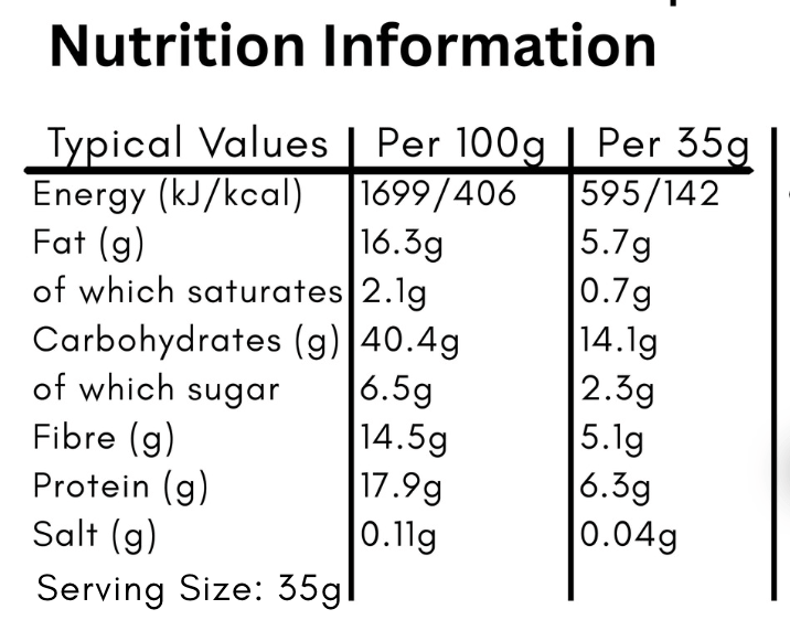 Nutritional information table for toasted oat and berry granola, showing values per 100 g and per serving.