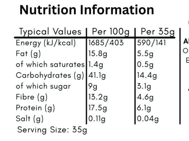 Nutritional information table for toasted oat and apple and plum granola, showing values per 100 g and per serving.